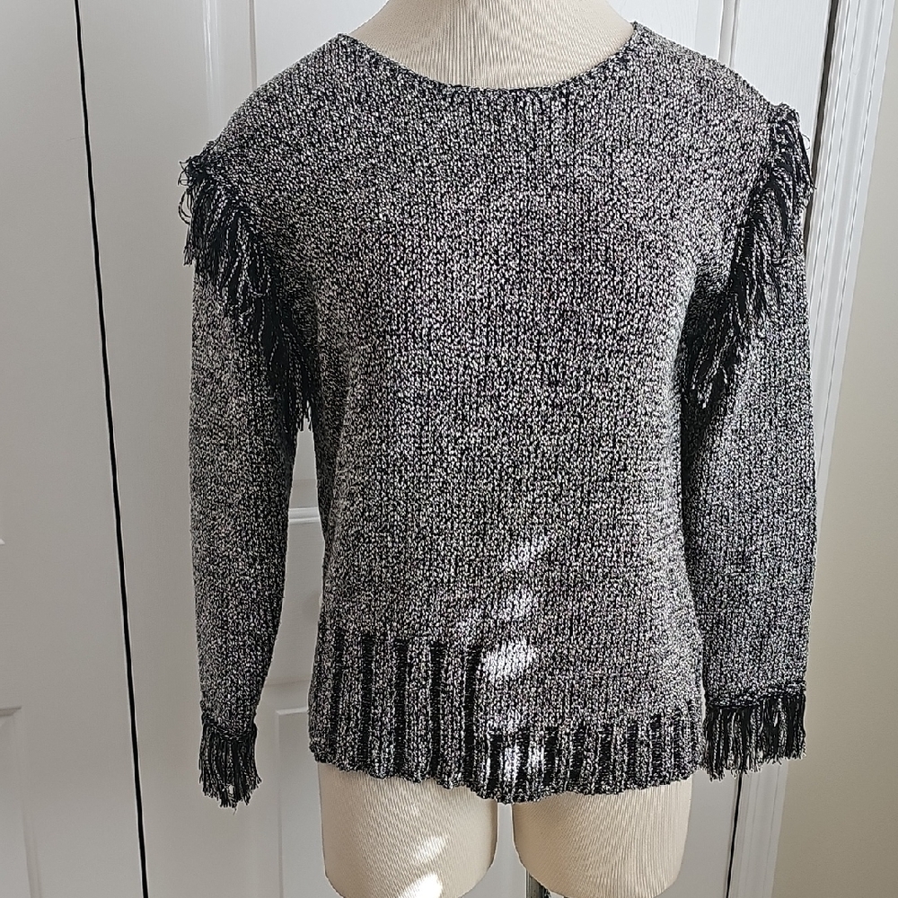 Fringe Detail Black and White Sweater. Fia Italia Size Small Hand Loomed